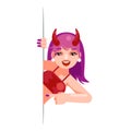 Cute devil girl demon cartoon support help consultation advice promotion looking out corner character halloween solution Royalty Free Stock Photo