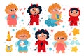 Cute devils and angels. Funny kids fairytale creatures. Red demons and pretty cupids. Good and bad. Different emotions