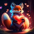 Cute Dhole hugging heart Cute fox with big red heart. Valentine\'s Day card. Generative AI