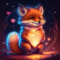 Cute Dhole hugging heart Cute fox with heart on dark background. Valentine's day illustration. Generative AI