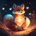 Cute Dhole hugging heart Illustration of a cute fox with a heart in his hand. Generative AI