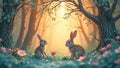 Cute illustration of two easter bunnys in a forest Royalty Free Stock Photo