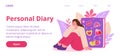 Cute diary book. Personal journal landing page. Website interface design. School moments. Web organizer for women Royalty Free Stock Photo