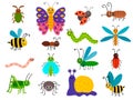 Cute different insects set in childlike flat style. Bugs, caterpillar, worm, snail, butterfly Royalty Free Stock Photo