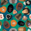 Cute different Monkey heads seamless vector pattern