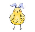 Cute digital illustration of awesome colored Easter chick with rabbit ears isolated on the white background