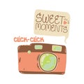 Cute digital photo camera with speech bubble with quote sweet moments in flat cartoon style. Vector hand drawn art Royalty Free Stock Photo