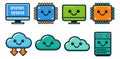Cute digital technology icons set featuring various smiling computer and cloud icons for digital data and network Royalty Free Stock Photo