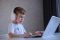 Cute diligent boy is typing on the keyboard and is carefully looking at the laptop screen. Caucasian schoolboy sits at a Royalty Free Stock Photo