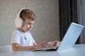 Cute diligent boy is typing on the keyboard and is carefully looking at the laptop screen. Caucasian schoolboy sits at a