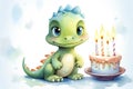 cute dino with birthday cake AI generated