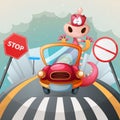 Cute dino in the car. Cute illustration. Royalty Free Stock Photo