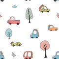 Cute Dino Cars Seamless Pattern, Childish Cartoon background, vector Illustration