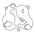 Cute dino. Coloring page with Dinosaur. Printable game on thematic archeology. cartoon character Diplodocus, moon, stars, clouds. Royalty Free Stock Photo