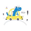 Cute dino is driving a car. Kids print. Can be used for shirt design, greeting card. Vector Illustration Royalty Free Stock Photo