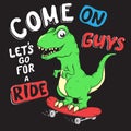 Cute dino rides on skateboarder