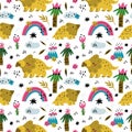 Cute dino seamleaa pattern. Funny kids avaceratops with palms and volcanoes, baby boys nursery decor, funny colourful