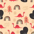 Cute dino seamless pattern for baby and kids vector illustration funny drawing scandinavian hand drawn background ready for