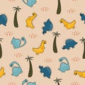 Cute dino seamless pattern for baby and kids vector illustration scandinavian drawing style