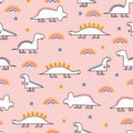 Cute dino seamless pattern, vector illustration funny monster dragon. Background colorful with pink colors ready for baby, kids,