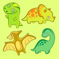 Cute dino set, flat vector illustration. Isolated dinosaur for nursery. Tyrannosaur pterodactyl triceratops diplodocus