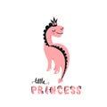 Cute dino vector illustration with beautiful pink dinosaur wearing crown with sweet little princess text isolated on