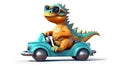 Cute dino traveling in a blue car. Generative ai Royalty Free Stock Photo