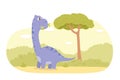 Cute dinosaur in ancient green landscape, isolated summer jurassic scene with dino