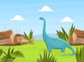 Cute Dinosaur on Beautiful Prehistoric Natural Landscape Cartoon Vector Illustration Royalty Free Stock Photo