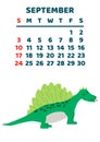 Cute dinosaur calendar template for children series. Septemper Royalty Free Stock Photo