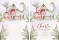 Cute dinosaur cartoon baby shower pre-made background watercolor illustration, hand painted dino for birthday poster decoration.