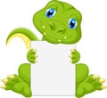 Cute dinosaur cartoon holding blank sign