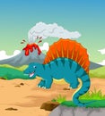 Cute dinosaur cartoon with volcano background Royalty Free Stock Photo