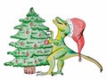 Cute dinosaur decorate Christmas tree. Cute sketch for Christmas or New year card. Scanned drawing