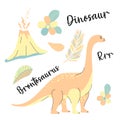 Cute dinosaur drawn as vector on blue for kids fashion. Palm and volcano. Brontosaurus. Royalty Free Stock Photo