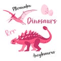 Cute dinosaur drawn as vector on white for kids fashion. Palm and volcano. Ancylosauros. Pteranodon. Royalty Free Stock Photo