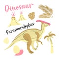 Cute dinosaur drawn as vector on white for kids fashion. Palm and volcano. Parasaurolophus. Royalty Free Stock Photo