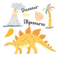 Cute dinosaur drawn as vector on white for kids fashion. Palm and volcano. Stegosaurus. Royalty Free Stock Photo