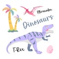 Cute dinosaur drawn as vector on white for kids fashion. Palm and volcano. T-Rex. Pteranodon. Royalty Free Stock Photo