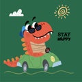 Cute dinosaur drive a car. Best for children designs, tees, birthday flyers and invitations. Dino party template.