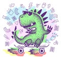 Cute dinosaur with glasses. dinosaur rides on a skate. Cartoon Animal vector illustration for print. cool skater dino character. Royalty Free Stock Photo
