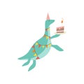 Cute Dinosaur in Party Hat with Birthday Cake, Funny Colorful Dino Character, Happy Birthday Party Design Element Vector Royalty Free Stock Photo