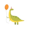 Cute Dinosaur in Party Hat with Red Balloon, Funny Green Dino Character, Happy Birthday Party Design Element Vector