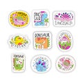 Cute dinosaur patches set, trendy colorful unicorn stickers in different actions vector Illustrations on a white Royalty Free Stock Photo