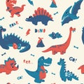 Cute dinosaur pattern. Seamless texture with prehistoric adorable animals, hand drawn cartoon kids background. Adorable Royalty Free Stock Photo