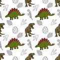 Cute Dinosaur Pattern Vector Illustration - Stegosaurus, Tyrannosaurus Rex, Eggs, Footprints, and Pinecones Royalty Free Stock Photo