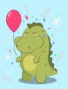 Cute dinosaur with a red ball celebrates his birthday