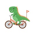 Cute dinosaur rides a bicycle and waves his hand. Dinosaur and sport. Healthy lifestyle. Cycling