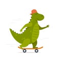 Cute dinosaur rides on skateboard. Tyrannosaur skateboarder. Kids print with dino. Vector illustration for print, clothes, Royalty Free Stock Photo