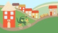 Cute dinosaur riding a bicycle, mail delivery in cartoon town, vector illustration